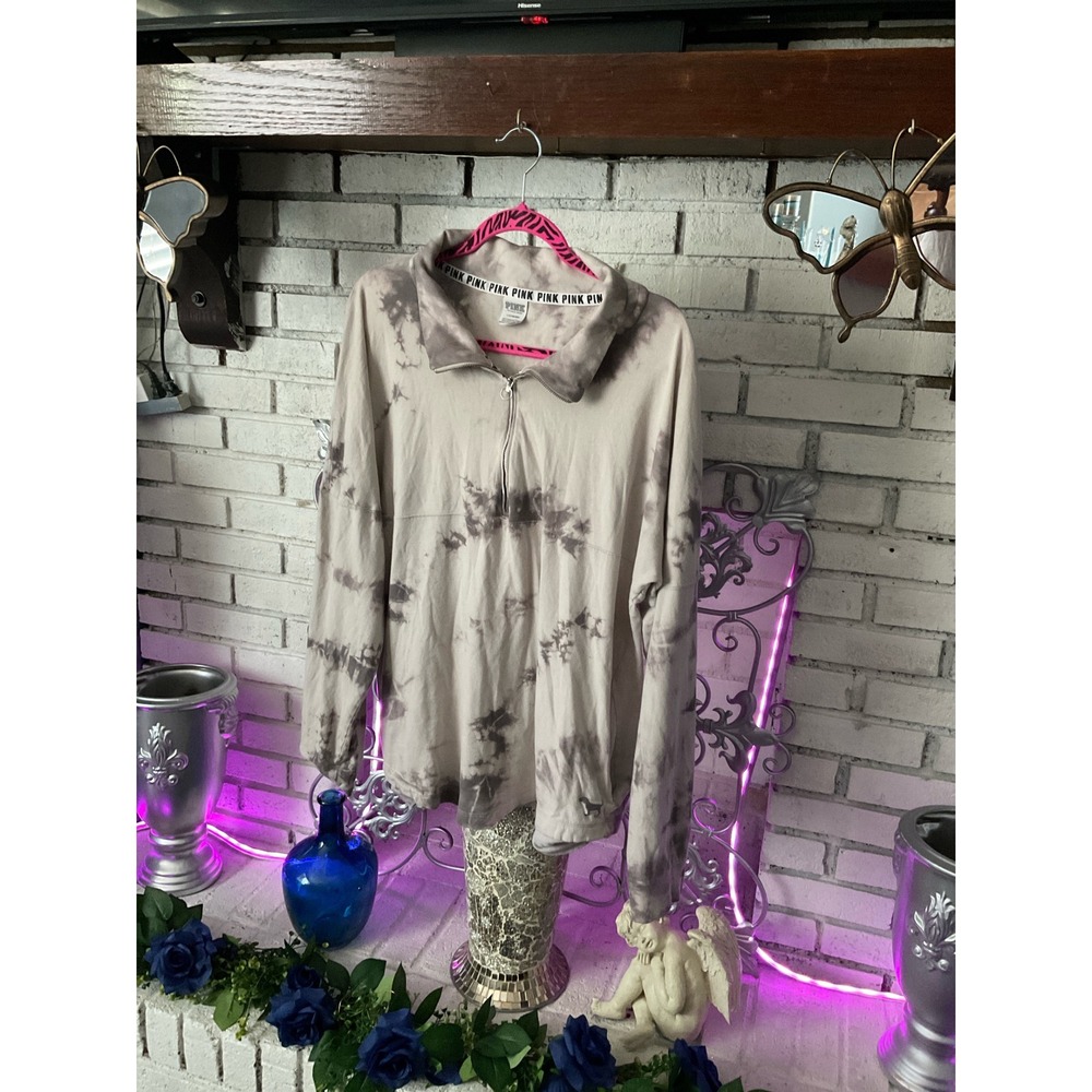 Pink Victoria's Secret Quarter Zip Tie Dye Pullover Sweatshirt Tan Grey Large